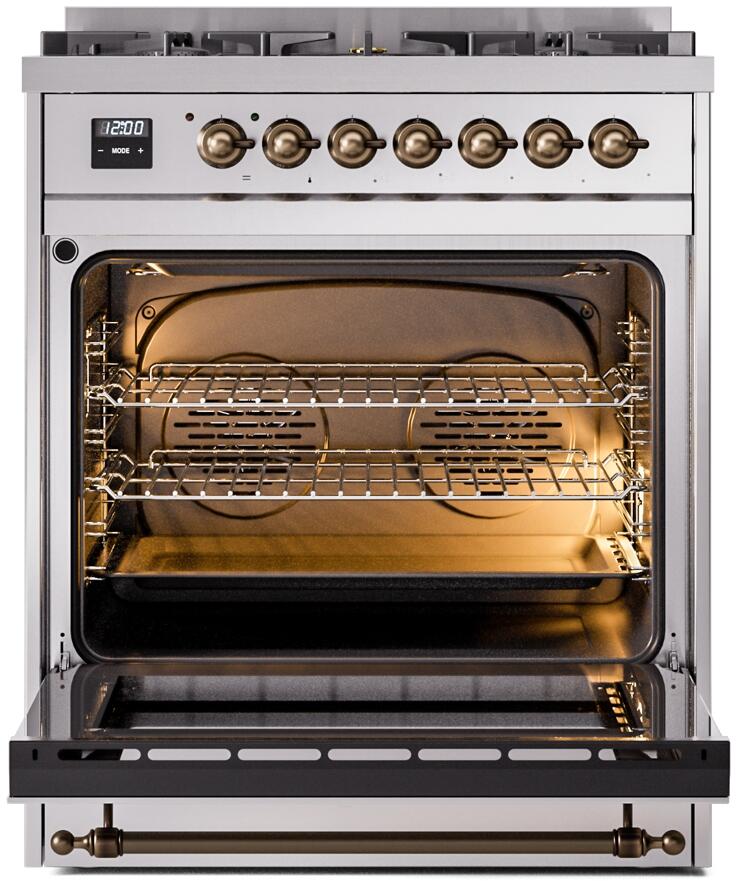 Ilve UP30NMPSSBLP Nostalgie Ii 30 Inch Dual Fuel Liquid Propane Freestanding Range In Stainless Steel With Bronze Trim