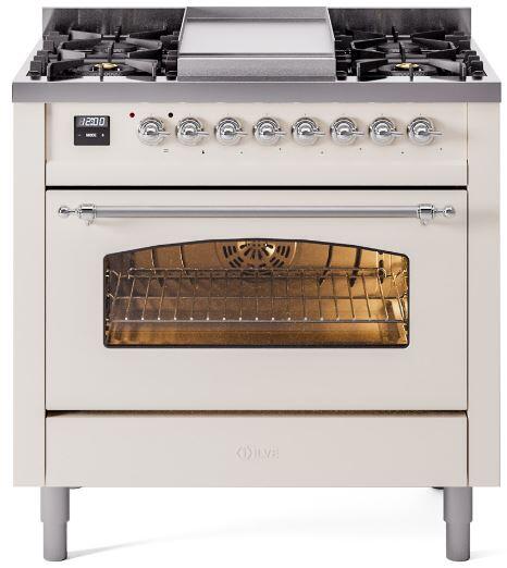 Ilve UP36FNMPAWCLP Nostalgie Ii 36 Inch Dual Fuel Liquid Propane Freestanding Range In Antique White With Chrome Trim