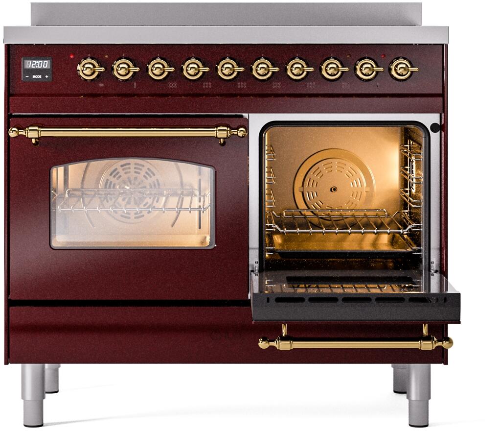 Ilve UPDI406NMPBUG Nostalgie Ii 40 Inch Electric Freestanding Range In Burgundy With Brass Trim