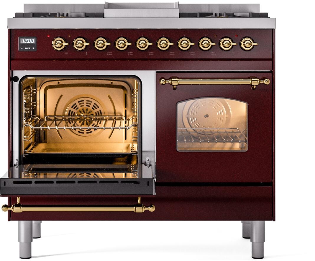 Ilve UPD40FNMPBUGLP Nostalgie Ii 40 Inch Dual Fuel Liquid Propane Freestanding Range In Burgundy With Brass Trim