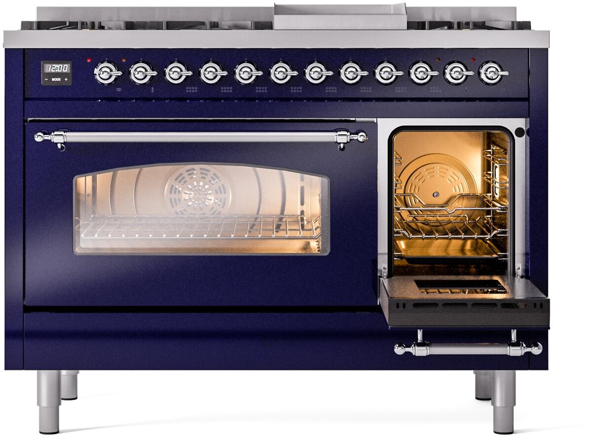 Ilve UP48FNMPMBC Nostalgie Ii 48 Inch Dual Fuel Natural Gas Freestanding Range In Blue With Chrome Trim