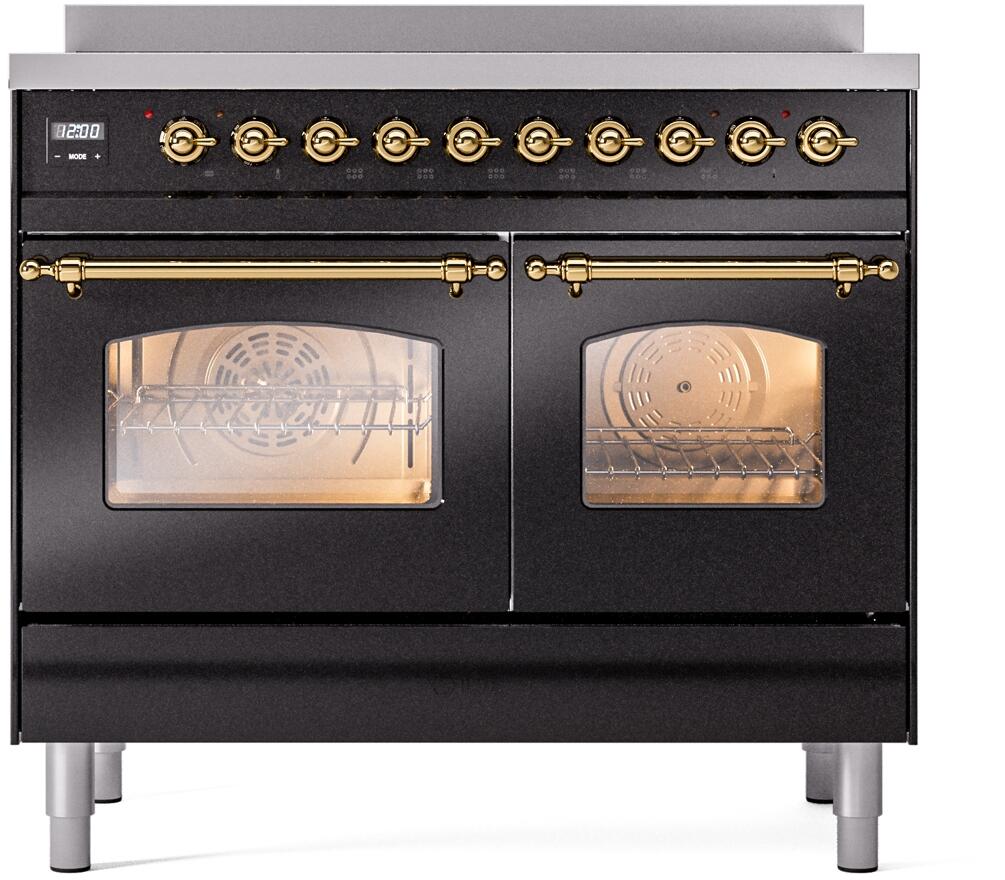 Ilve UPDI406NMPBKG Nostalgie Ii 40 Inch Electric Freestanding Range In Glossy Black With Brass Trim