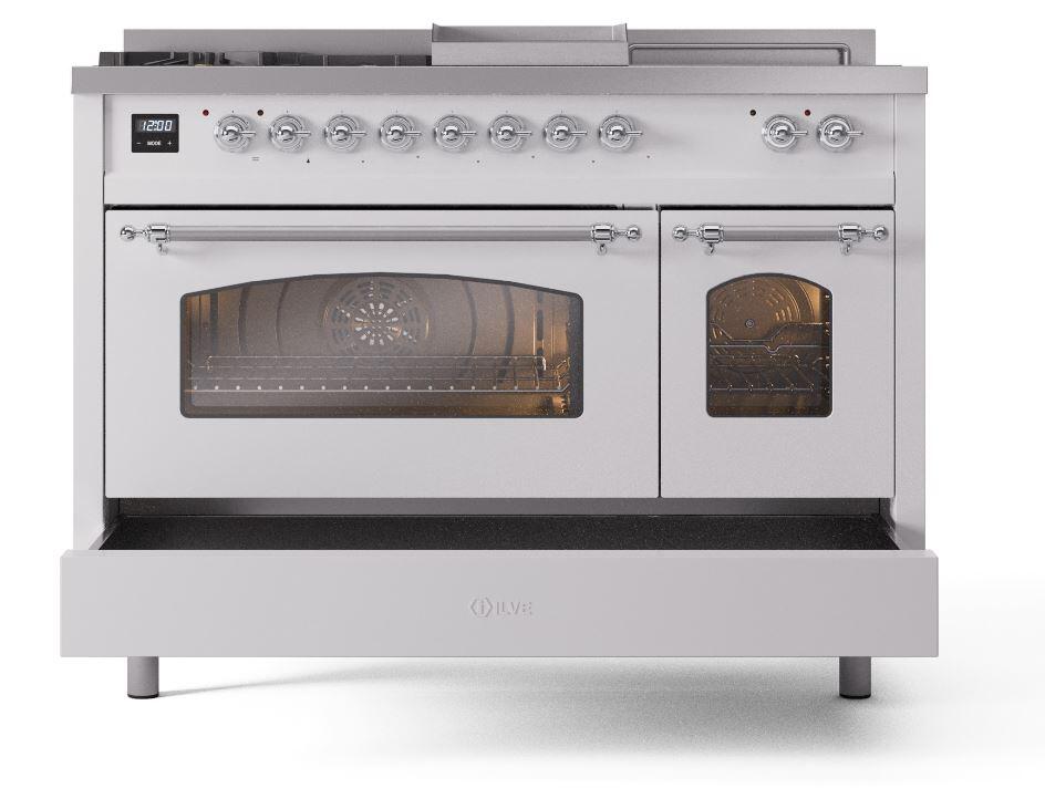 Ilve UP48FSNMPWHC Nostalgie Ii 48 Inch Dual Fuel Natural Gas Freestanding Range In White With Chrome Trim