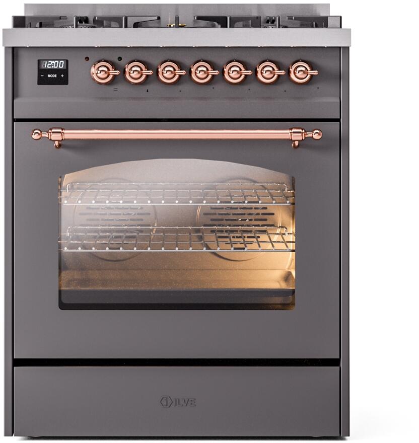 Ilve UP30NMPMGP Nostalgie Ii 30 Inch Dual Fuel Natural Gas Freestanding Range In Matte Graphite With Copper Trim