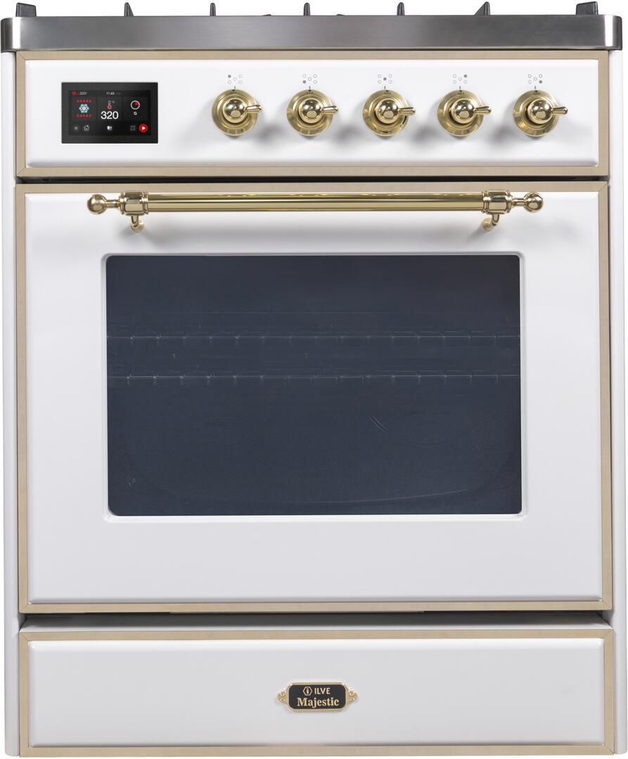 Ilve UM30DNE3WHGLP Majestic Ii 30 Inch Dual Fuel Liquid Propane Freestanding Range In White With Brass Trim