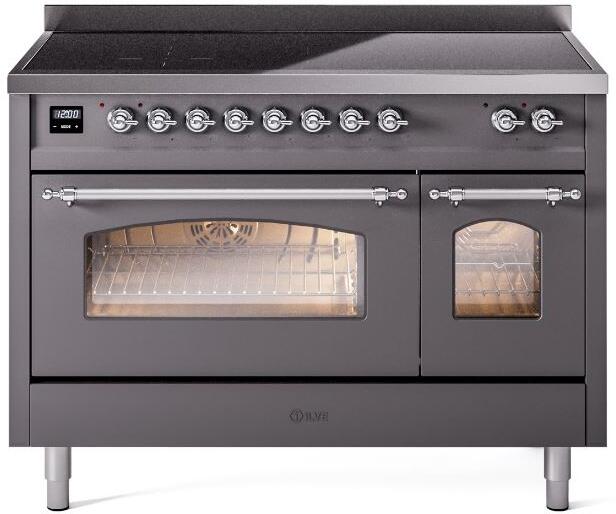 Ilve UPI486NMPMGC Nostalgie Ii 48 Inch Electric Freestanding Range In Matte Graphite With Chrome Trim