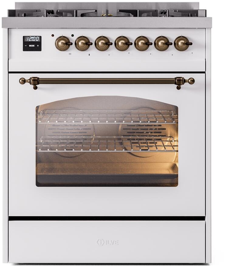 Ilve UP30NMPWHBLP Nostalgie Ii 30 Inch Dual Fuel Liquid Propane Freestanding Range In White With Bronze Trim