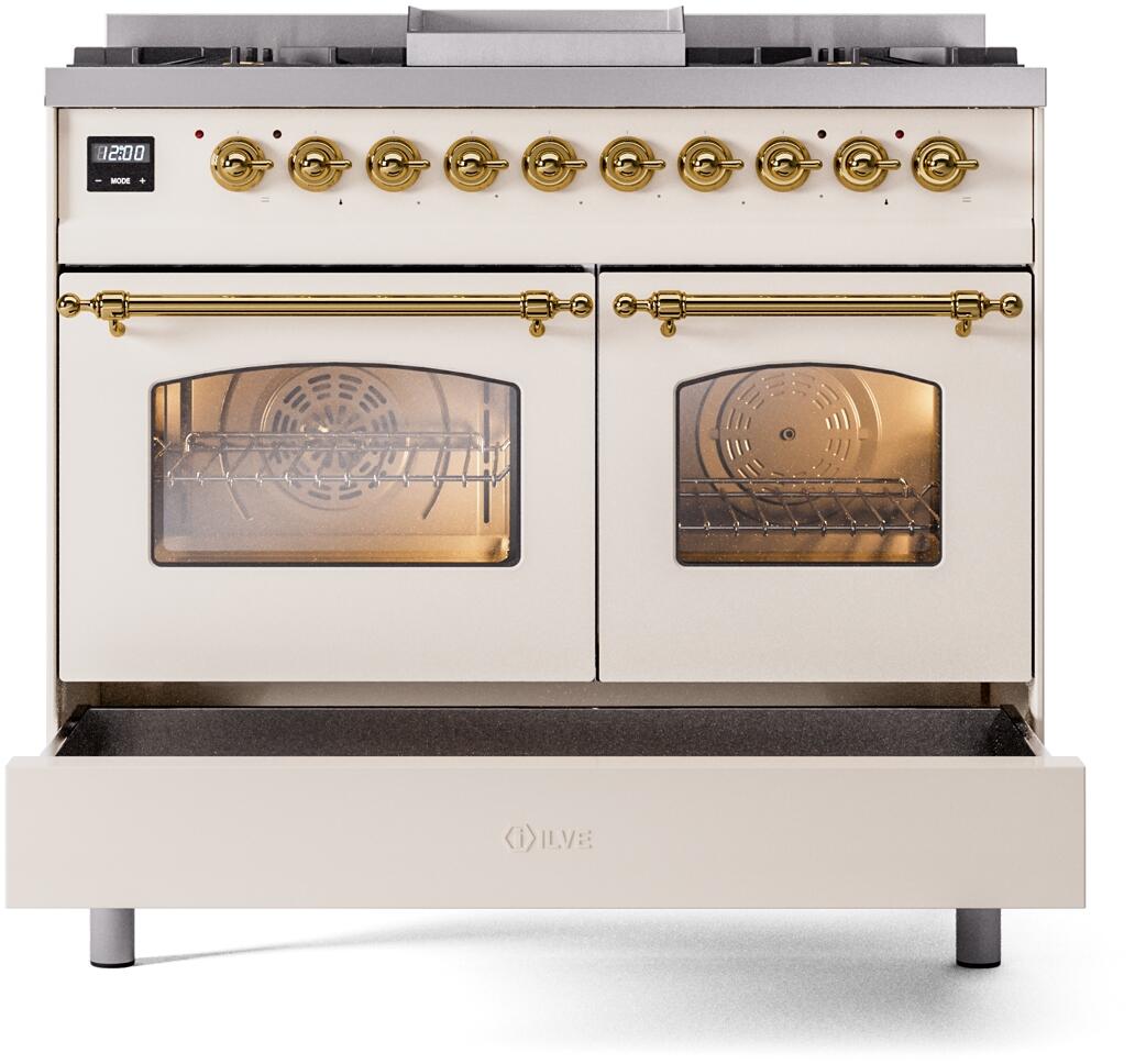 Ilve UPD40FNMPAWG Nostalgie Ii 40 Inch Dual Fuel Natural Gas Freestanding Range In Antique White With Brass Trim