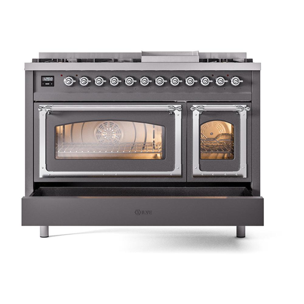 Ilve UN48FNMPMGCLP Ilve Un48Fnmpmgclp Nostalgie Ii Noblesse 48" Dual Fuel Range (8 Sealed Burners + Griddle, Liquid Propane, Triple Glass Door, Graphite Matte, Chrome)