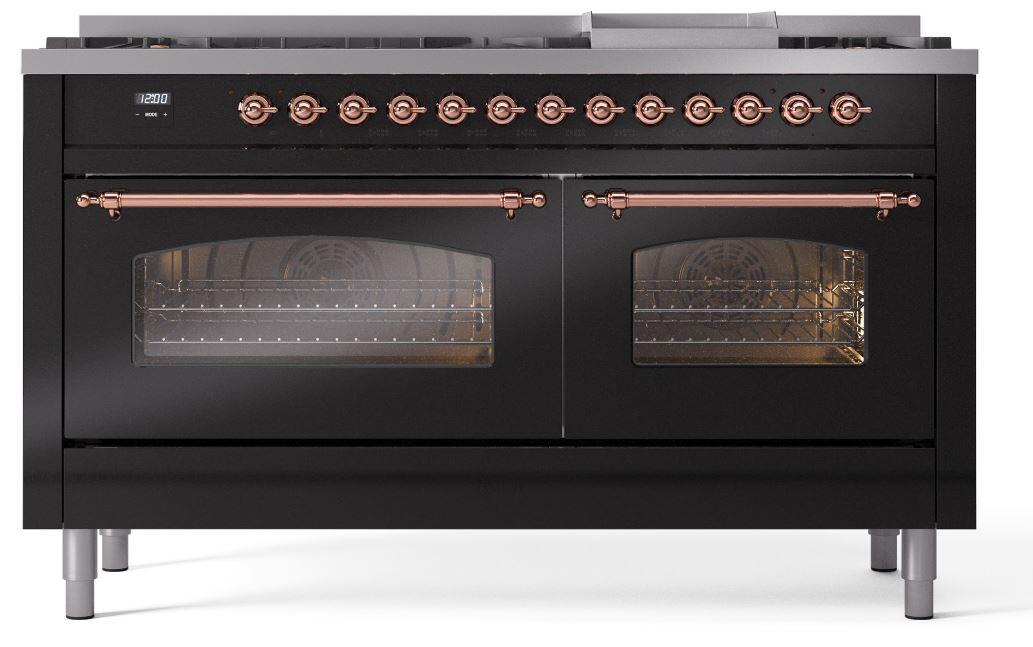 Ilve UP60FNMPBKPLP Nostalgie Ii 60 Inch Dual Fuel Liquid Propane Freestanding Range In Glossy Black With Copper Trim