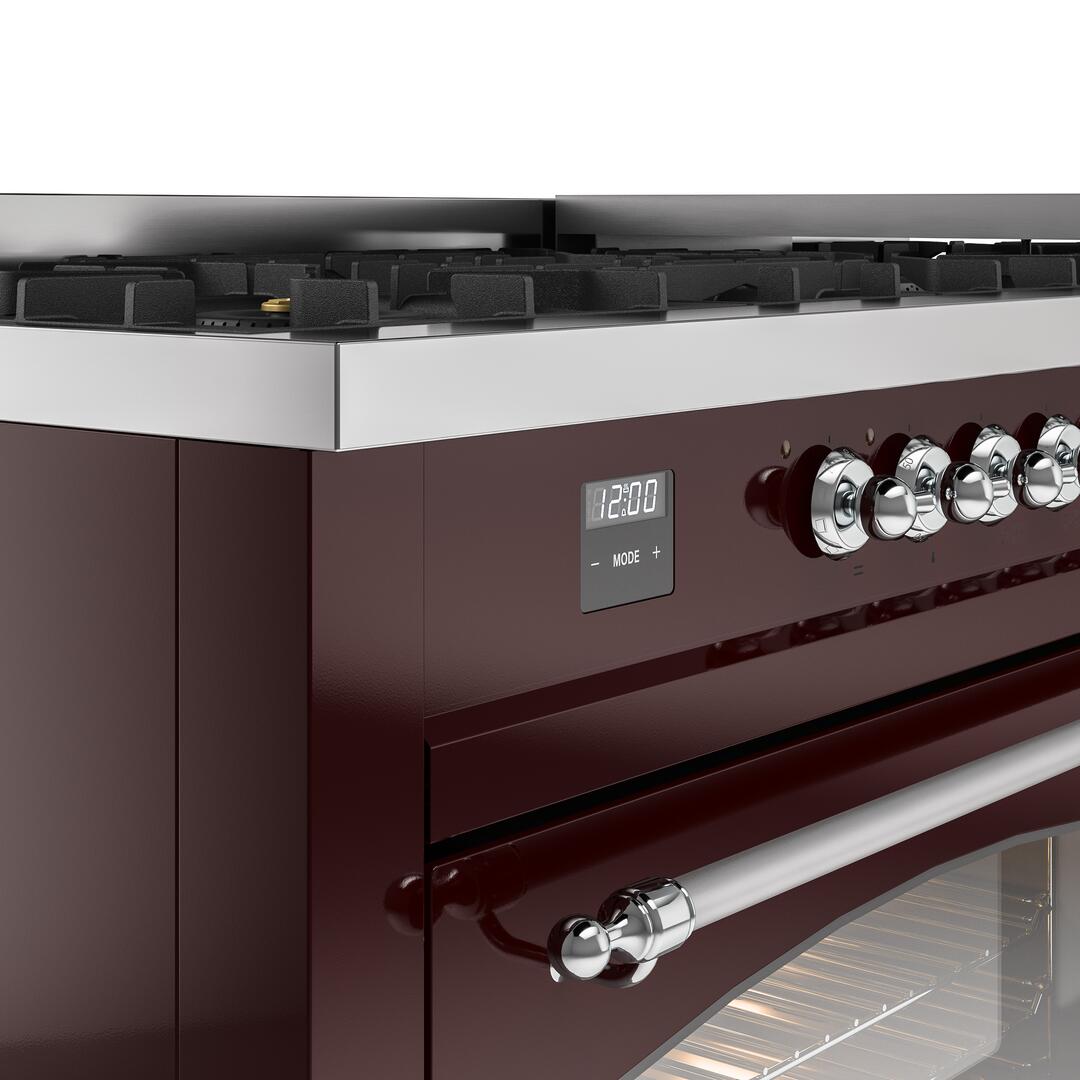 Ilve UP60FNMPBUCLP Nostalgie Ii 60 Inch Dual Fuel Liquid Propane Freestanding Range In Burgundy With Chrome Trim