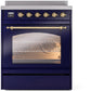 Ilve UPI304NMPMBG Nostalgie Ii 30 Inch Electric Freestanding Range In Blue With Brass Trim