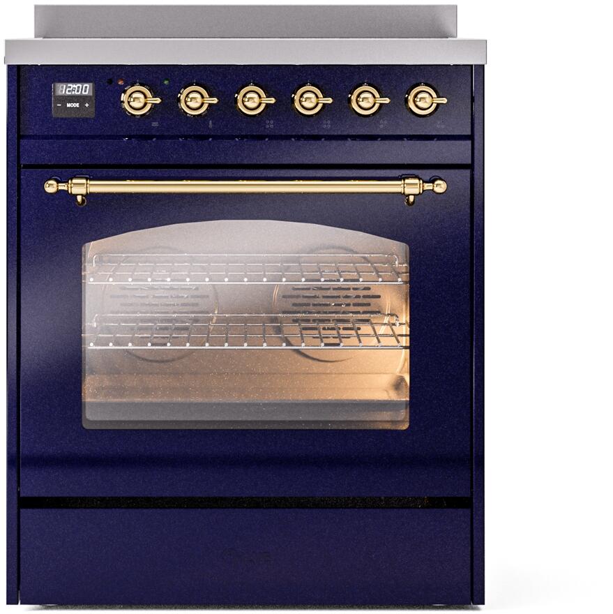 Ilve UPI304NMPMBG Nostalgie Ii 30 Inch Electric Freestanding Range In Blue With Brass Trim