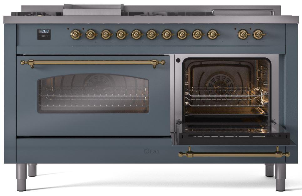 Ilve UP60FSNMPBGGLP Nostalgie Ii 60 Inch Dual Fuel Liquid Propane Freestanding Range In Blue Grey With Brass Trim