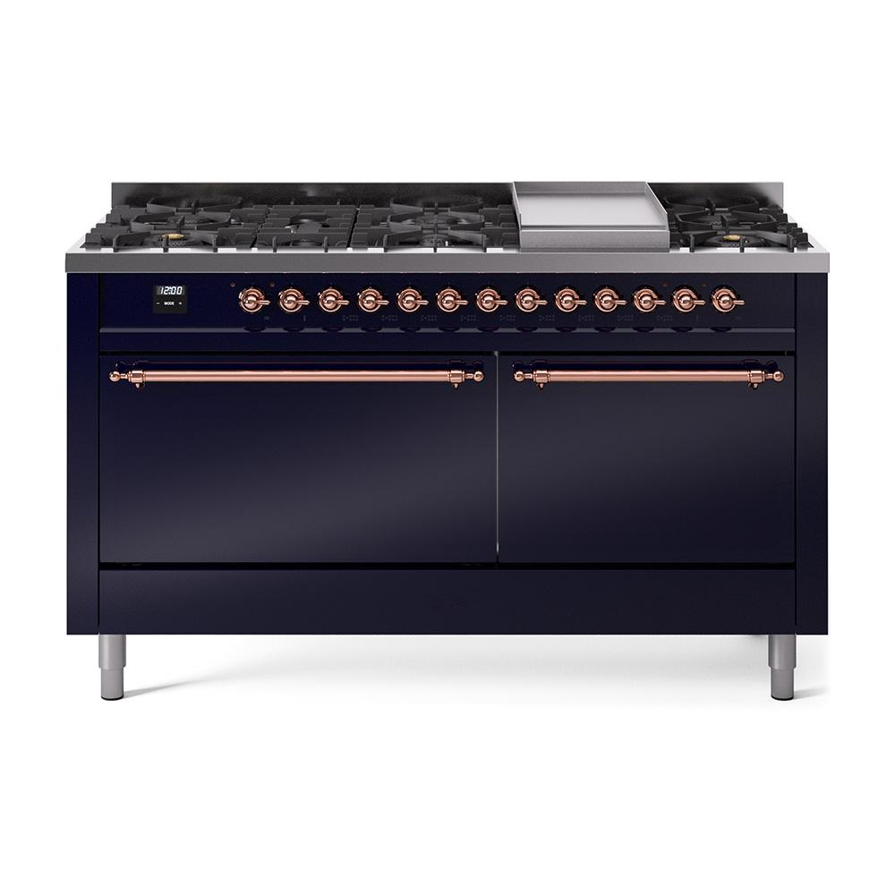 Ilve UP60FQNMPMBPLP Ilve Nostalgie Ii 60 Up60Fqnmpmbp Freestanding Dual Fuel Range With 9 Sealed Burners Double Oven With Solid Door In Midnight Blue With Copper Knobs