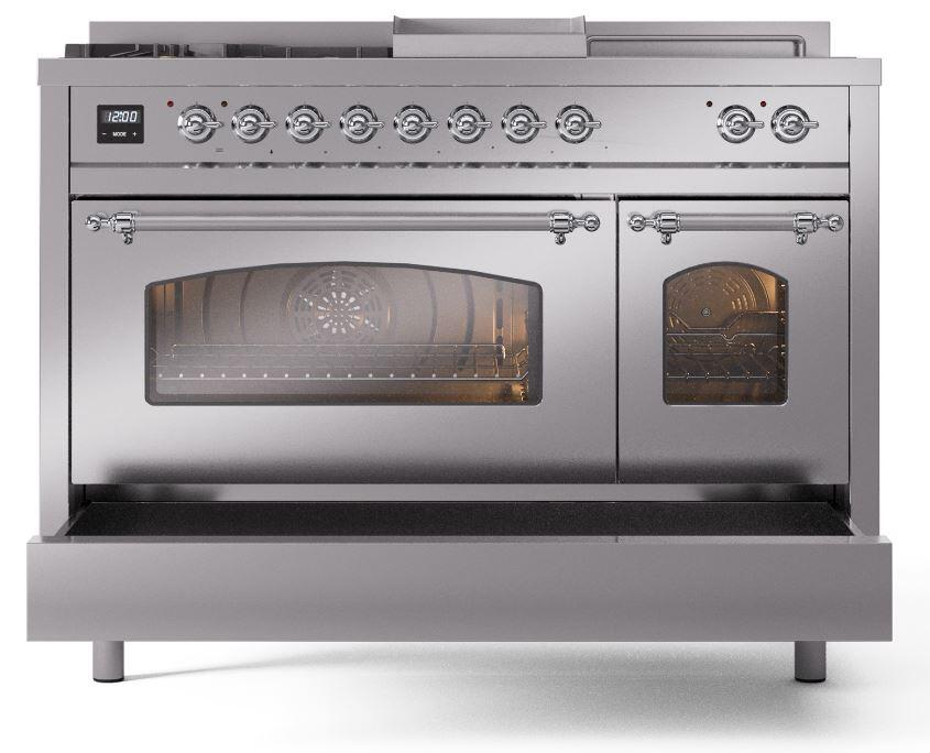 Ilve UP48FSNMPSSC Nostalgie Ii 48 Inch Dual Fuel Natural Gas Freestanding Range In Stainless Steel With Chrome Trim