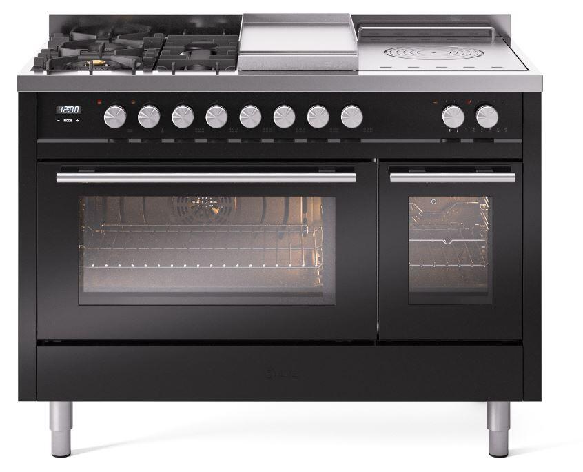 Ilve UP48FSWMPBK Professional Plus Ii 48 Inch Dual Fuel Natural Gas Freestanding Range In Glossy Black With Trim