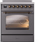 Ilve UPI304NMPMGB Nostalgie Ii 30 Inch Electric Freestanding Range In Matte Graphite With Bronze Trim