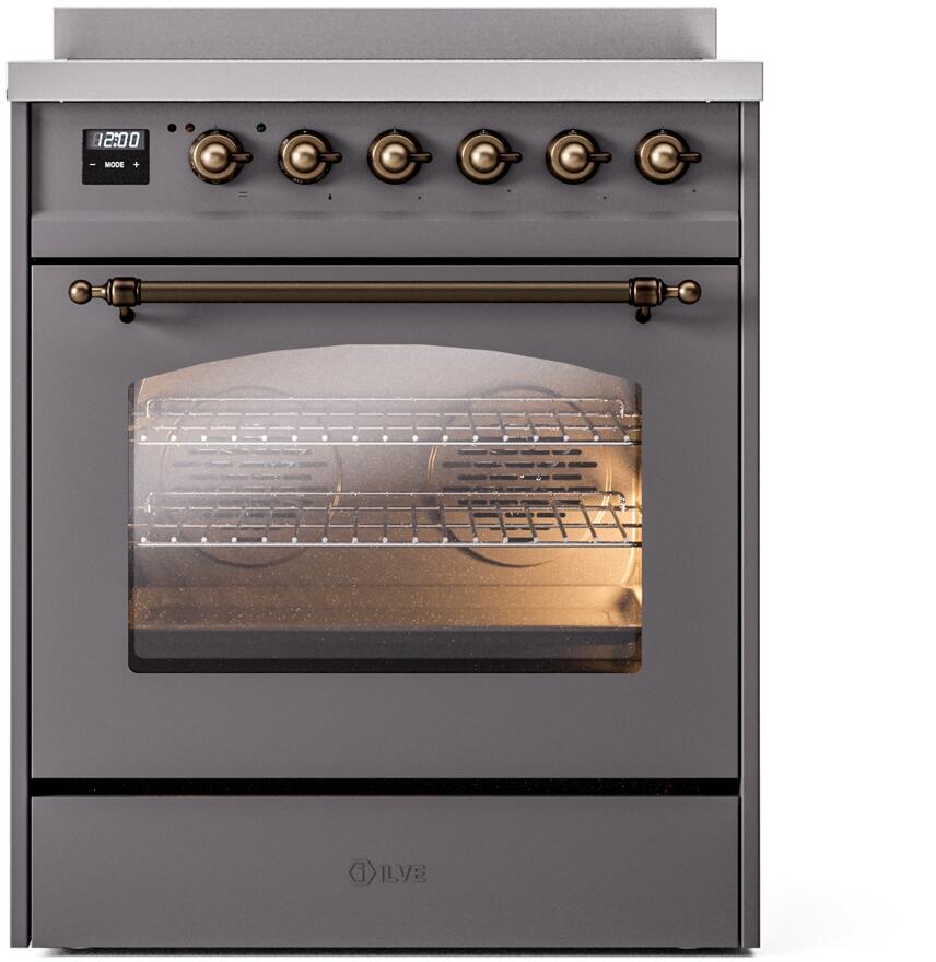 Ilve UPI304NMPMGB Nostalgie Ii 30 Inch Electric Freestanding Range In Matte Graphite With Bronze Trim