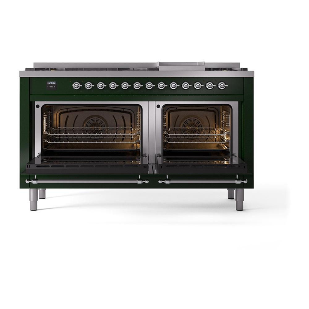 Ilve UN60FNMPEGC Ilve Un60Fnmpegc Nostalgie Ii Noblesse 60" Dual Fuel Range (9 Sealed Burners + Griddle, Natural Gas, Triple Glass Door, Emerald Green, Chrome)