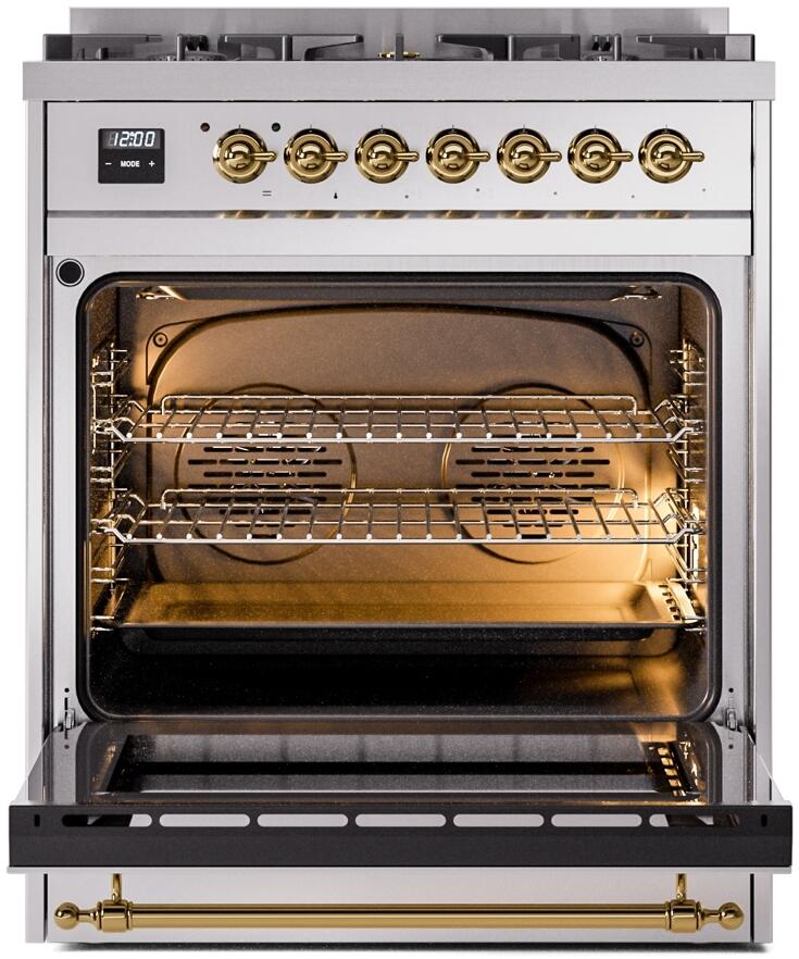 Ilve UP30NMPSSG Nostalgie Ii 30 Inch Dual Fuel Natural Gas Freestanding Range In Stainless Steel With Brass Trim