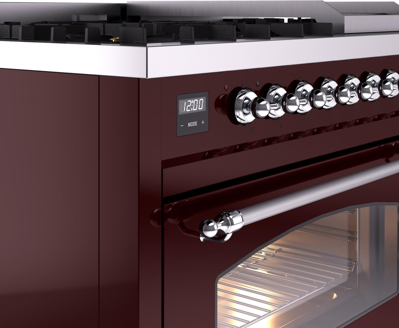 Ilve UP48FNMPBUCLP Nostalgie Ii 48 Inch Dual Fuel Liquid Propane Freestanding Range In Burgundy With Chrome Trim