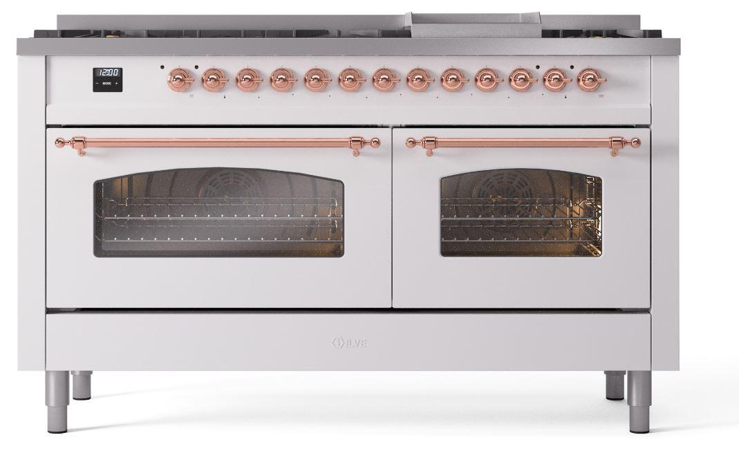 Ilve UP60FNMPWHPLP Nostalgie Ii 60 Inch Dual Fuel Liquid Propane Freestanding Range In White With Copper Trim