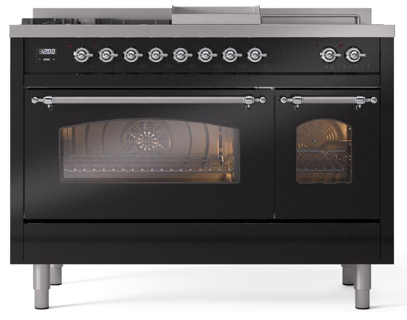 Ilve UP48FSNMPBKCLP Nostalgie Ii 48 Inch Dual Fuel Liquid Propane Freestanding Range In Glossy Black With Chrome Trim