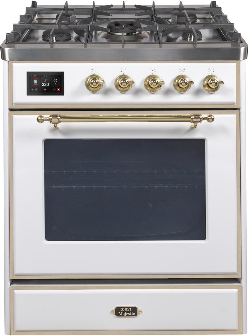 Ilve UM30DNE3WHGLP Majestic Ii 30 Inch Dual Fuel Liquid Propane Freestanding Range In White With Brass Trim