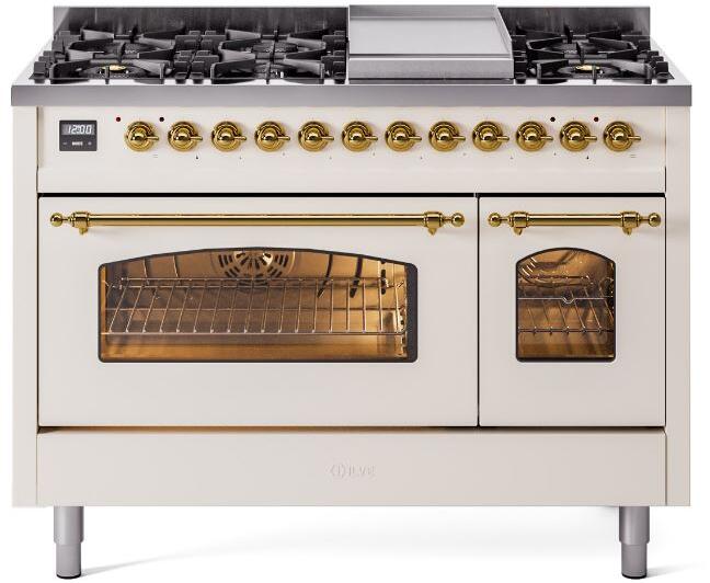 Ilve UP48FNMPAWG Nostalgie Ii 48 Inch Dual Fuel Natural Gas Freestanding Range In Antique White With Brass Trim