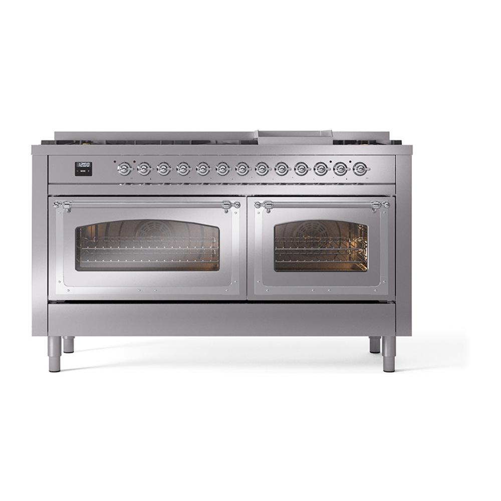 Ilve UN60FNMPSSC Ilve Un60Fnmpssc Nostalgie Ii Noblesse 60" Dual Fuel Range (9 Sealed Burners + Griddle, Natural Gas, Triple Glass Door, Stainless Steel, Chrome)