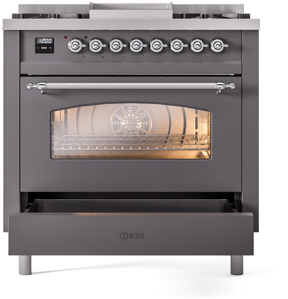 Ilve UP36FNMPMGC Nostalgie Ii 36 Inch Dual Fuel Natural Gas Freestanding Range In Matte Graphite With Chrome Trim