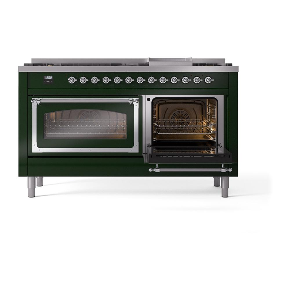 Ilve UN60FNMPEGC Ilve Un60Fnmpegc Nostalgie Ii Noblesse 60" Dual Fuel Range (9 Sealed Burners + Griddle, Natural Gas, Triple Glass Door, Emerald Green, Chrome)