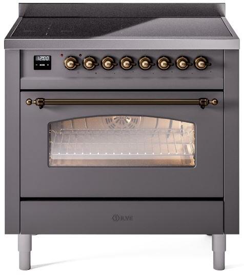 Ilve UPI366NMPMGB Nostalgie Ii 36 Inch Electric Freestanding Range In Matte Graphite With Bronze Trim