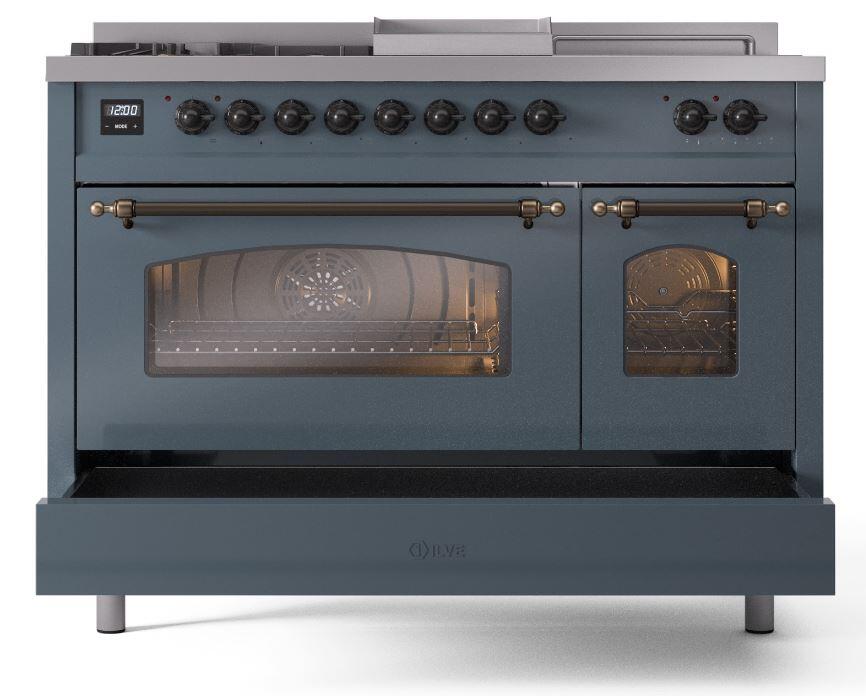 Ilve UP48FSNMPBGBLP Nostalgie Ii 48 Inch Dual Fuel Liquid Propane Freestanding Range In Blue Grey With Bronze Trim