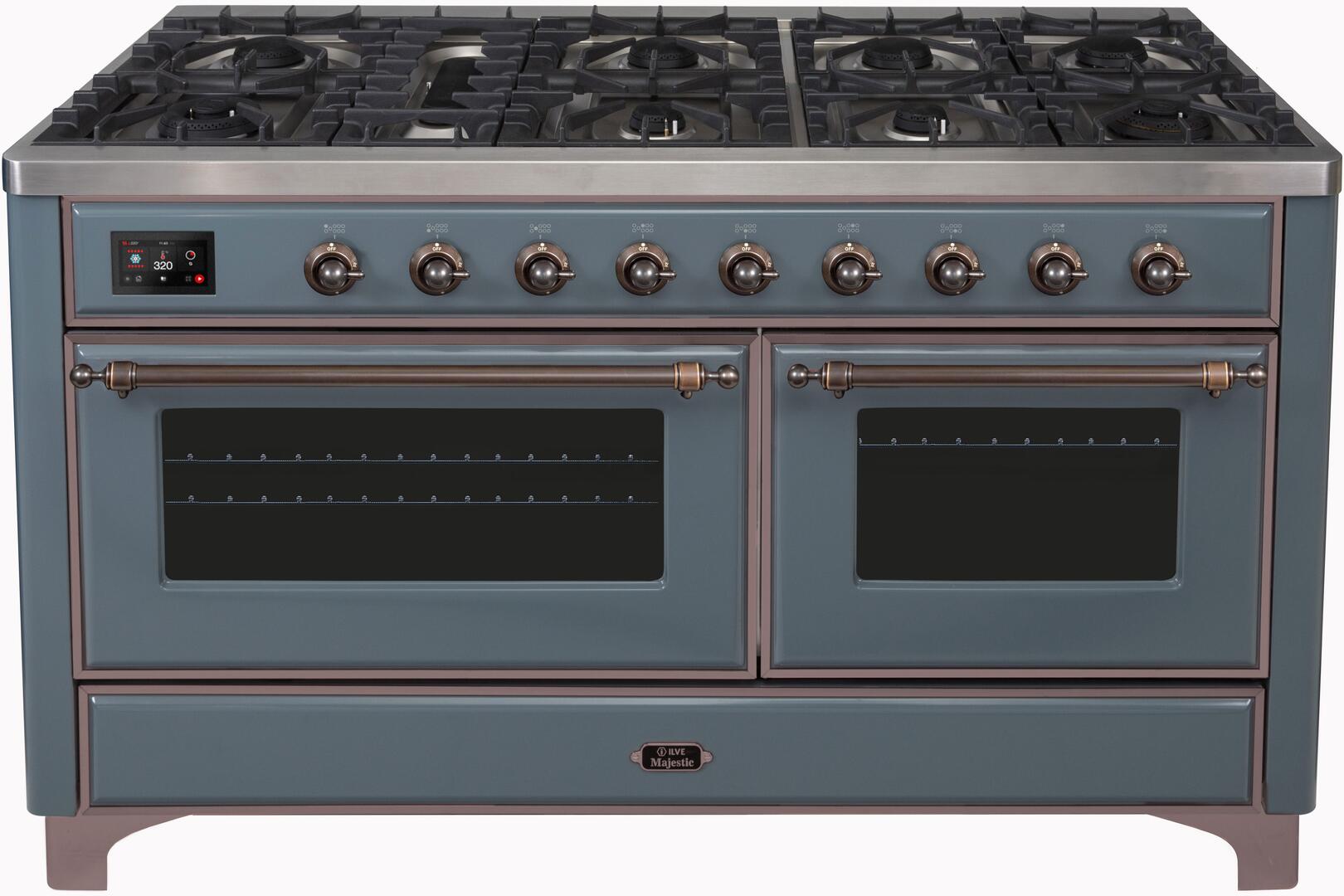 Ilve UM15FDNS3BGB Majestic Ii 60 Inch Dual Fuel Natural Gas Freestanding Range In Blue Grey With Bronze Trim