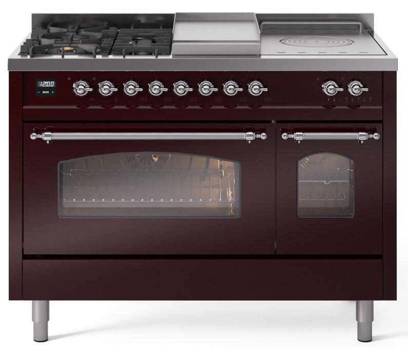 Ilve UP48FSNMPBUC Nostalgie Ii 48 Inch Dual Fuel Natural Gas Freestanding Range In Burgundy With Chrome Trim