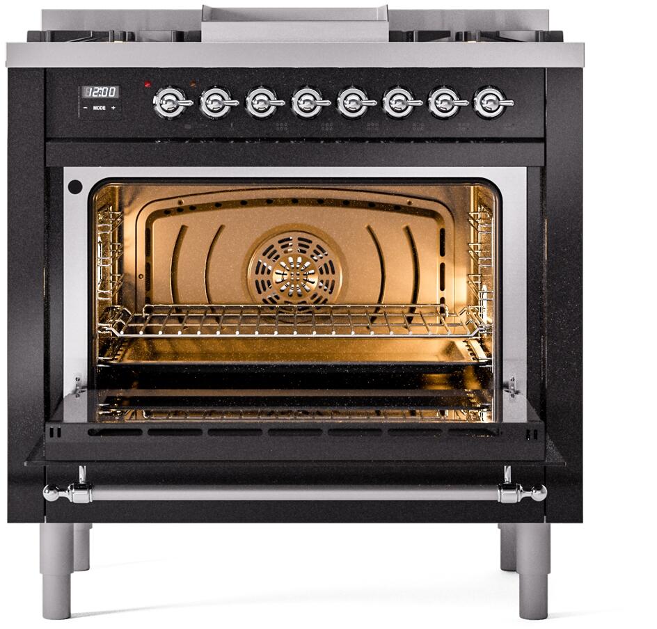 Ilve UP36FNMPBKC Nostalgie Ii 36 Inch Dual Fuel Natural Gas Freestanding Range In Glossy Black With Chrome Trim