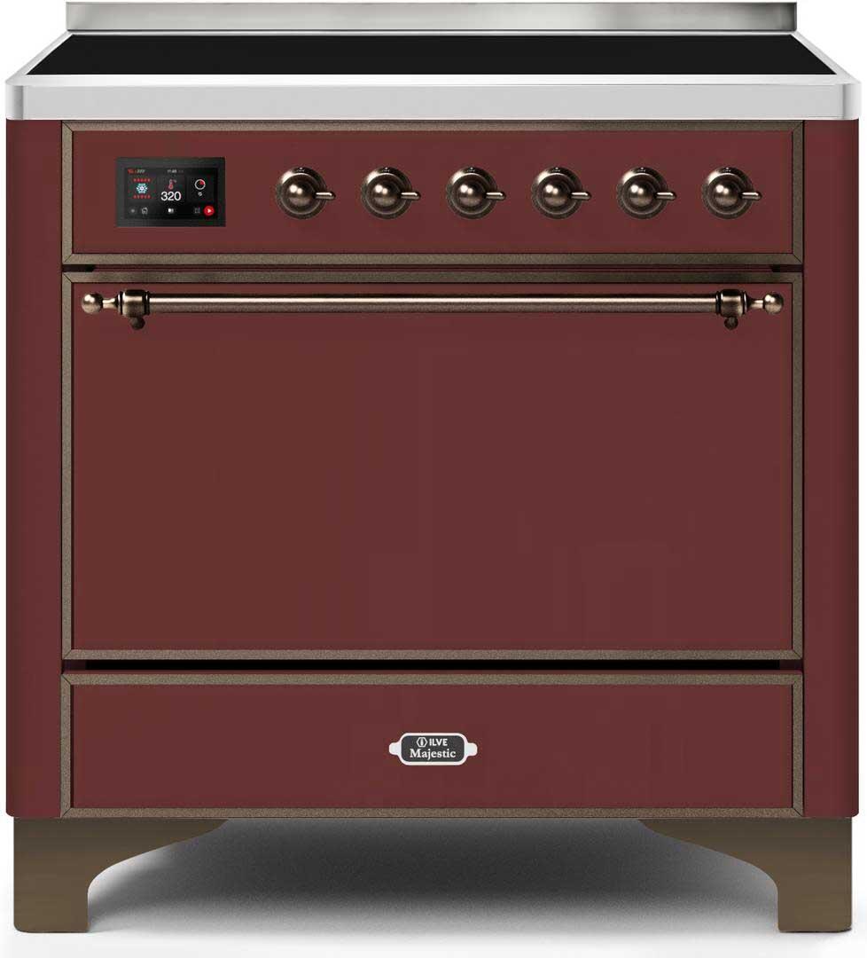 Ilve UMI09QNS3BUB Majestic Ii 36 Inch Electric Freestanding Range In Burgundy With Bronze Trim