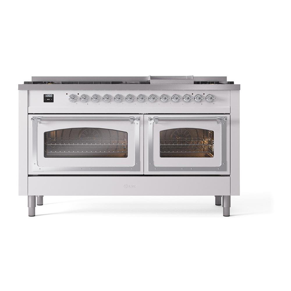 Ilve UN60FNMPWHC Ilve Un60Fnmpwhc Nostalgie Ii Noblesse 60" Dual Fuel Range (9 Sealed Burners + Griddle, Natural Gas, Triple Glass Door, White, Chrome)