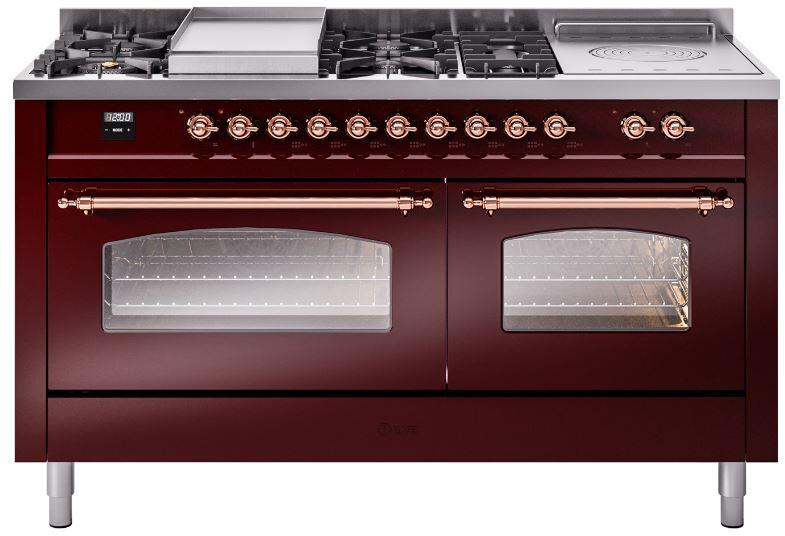 Ilve UP60FSNMPBUPLP Nostalgie Ii 60 Inch Dual Fuel Liquid Propane Freestanding Range In Burgundy With Copper Trim