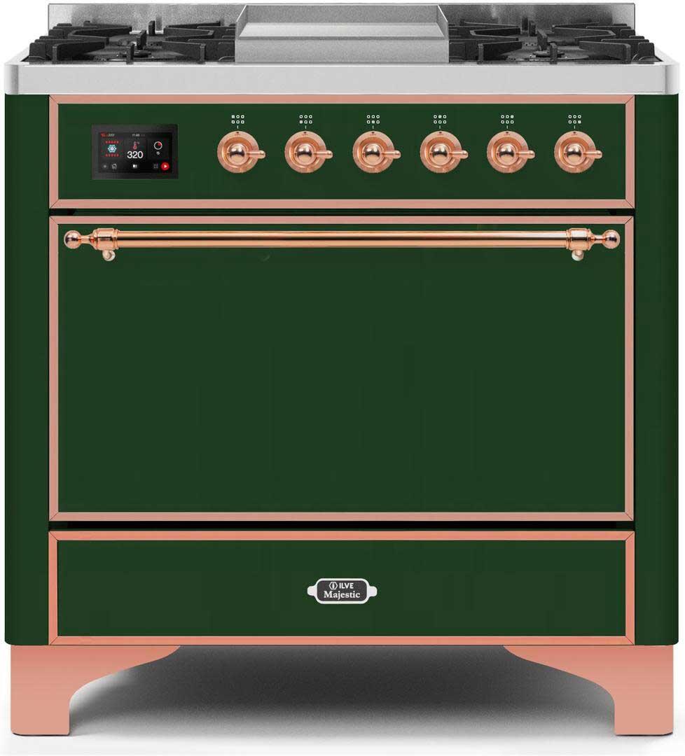 Ilve UM09FDQNS3EGPLP Majestic Ii 36 Inch Dual Fuel Liquid Propane Freestanding Range In Emerald Green With Copper Trim