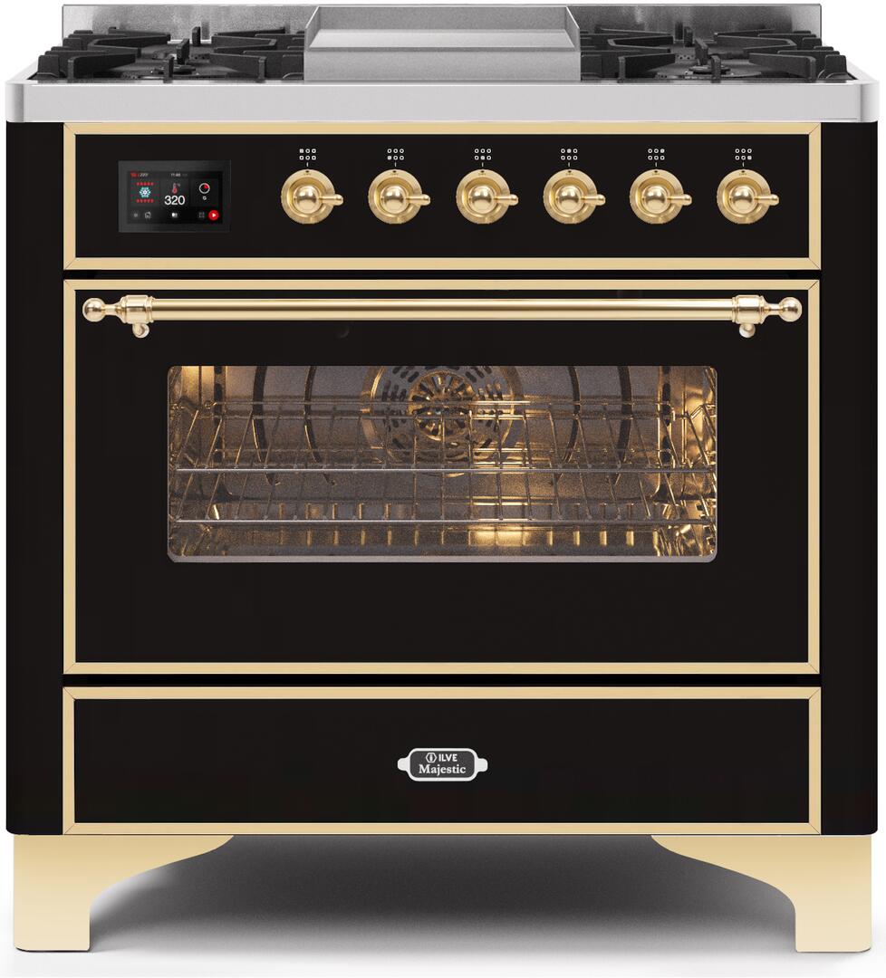 Ilve UM09FDNS3BKGLP Majestic Ii 36 Inch Dual Fuel Liquid Propane Freestanding Range In Glossy Black With Brass Trim