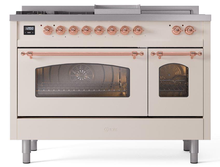 Ilve UP48FSNMPAWPLP Nostalgie Ii 48 Inch Dual Fuel Liquid Propane Freestanding Range In Antique White With Copper Trim