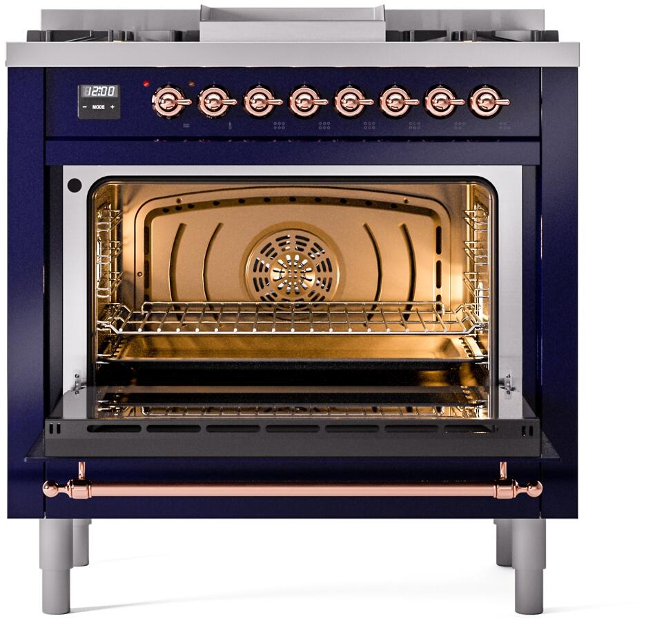 Ilve UP36FNMPMBPLP Nostalgie Ii 36 Inch Dual Fuel Liquid Propane Freestanding Range In Blue With Copper Trim