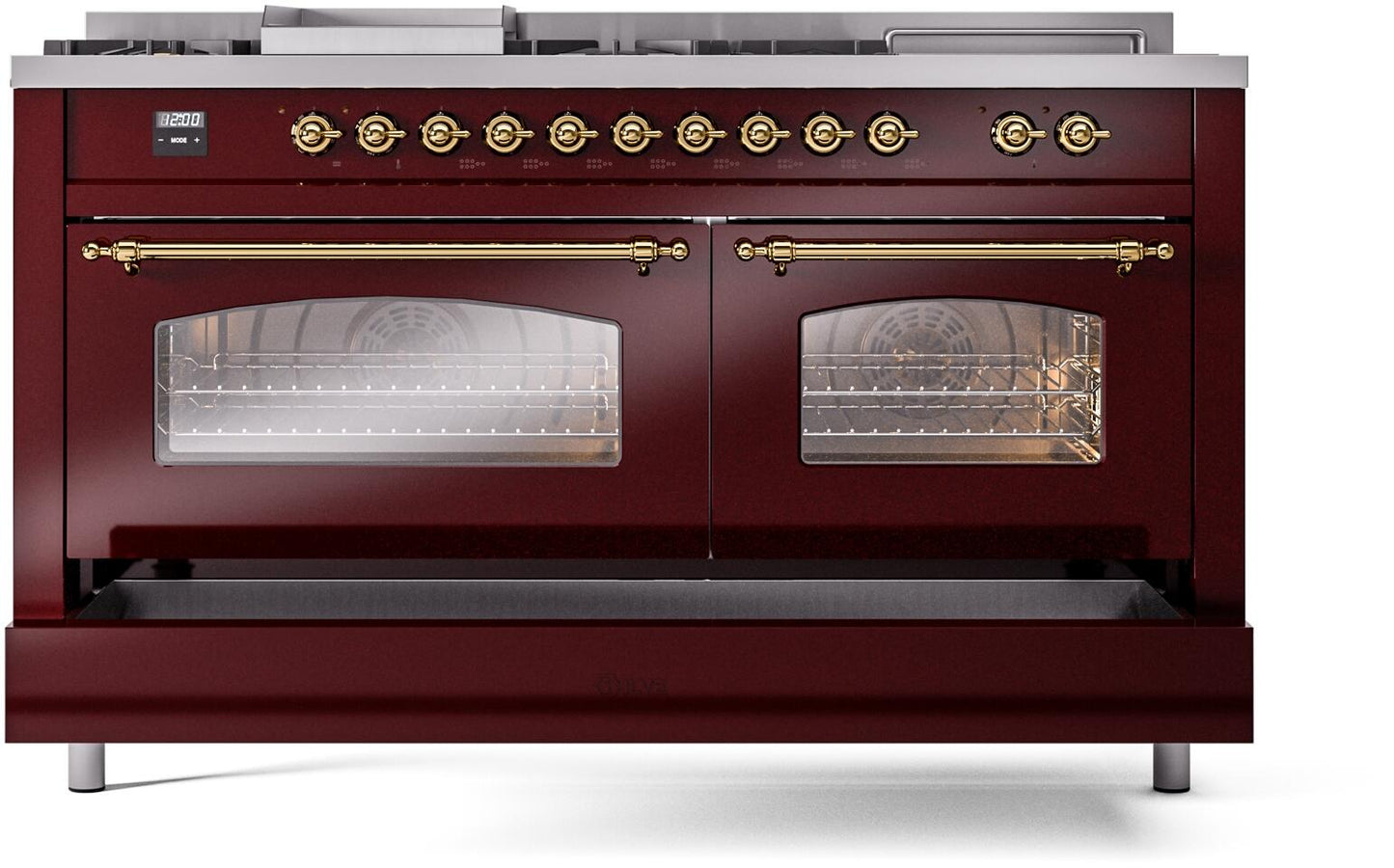 Ilve UP60FSNMPBUG Nostalgie Ii 60 Inch Dual Fuel Natural Gas Freestanding Range In Burgundy With Brass Trim