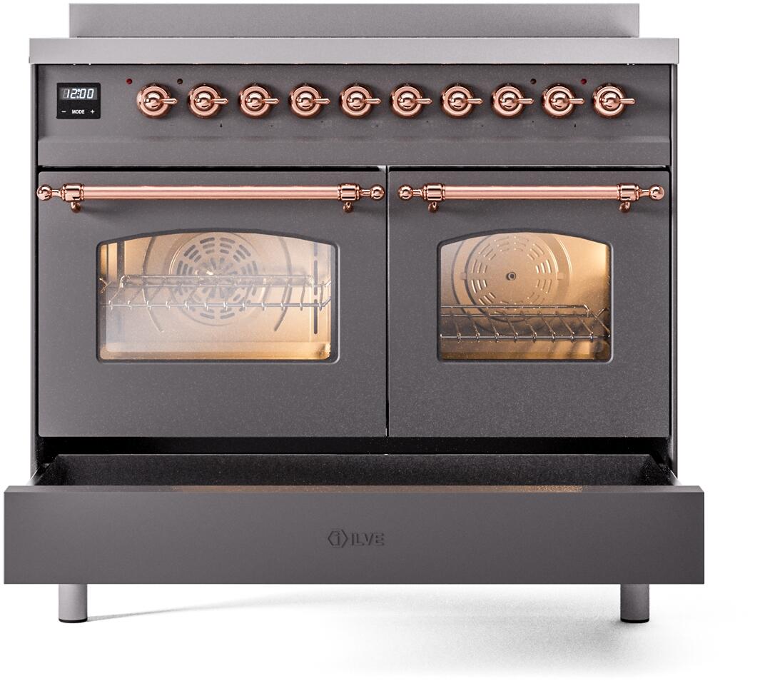 Ilve UPDI406NMPMGP Nostalgie Ii 40 Inch Electric Freestanding Range In Matte Graphite With Copper Trim