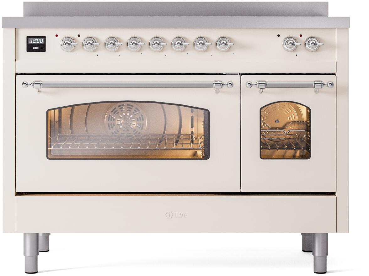 Ilve UPI486NMPAWC Nostalgie Ii 48 Inch Electric Freestanding Range In Antique White With Chrome Trim