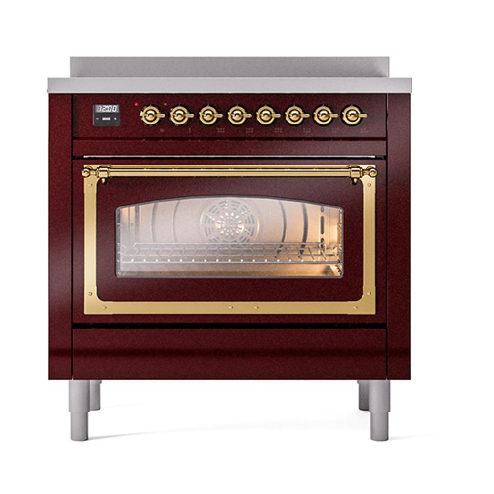 Ilve UNI366NMPBUG Ilve Uni366Nmpbug Nostalgie Ii Noblesse 36" Induction Range (Triple Glass Door, Burgundy, Brass)