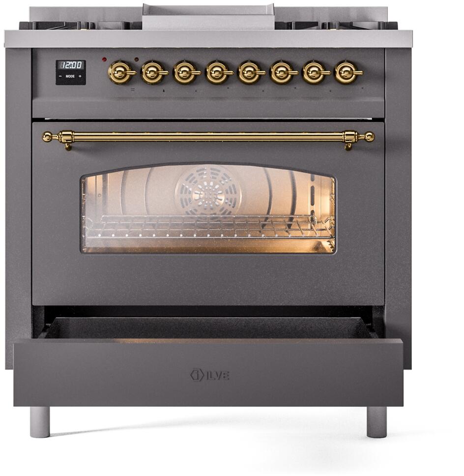 Ilve UP36FNMPMGG Nostalgie Ii 36 Inch Dual Fuel Natural Gas Freestanding Range In Matte Graphite With Brass Trim